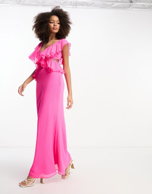 Vestido largo rosa intenso escalonado con volantes, ribetes de encaje y de ASOS DESIGN | ASOS