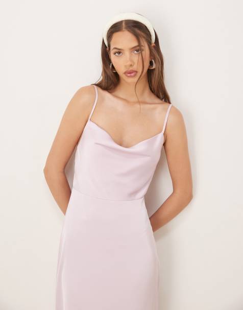 Vestido largo rosa lavanda pastel con cuello desbocado de satén de VILA - view 1