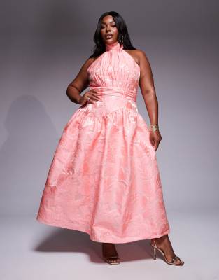 Vestido largo rosa luminoso con patrón floral y lazo de jacquard de ASOS LUXE Curve - view 1