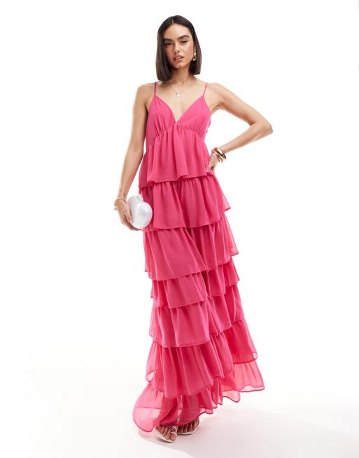 Vestido largo rosa luminoso de tirantes con diseño escalonado de volantes de Vila