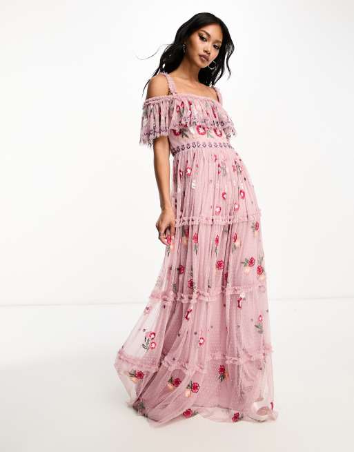 Vestido largo rosa multicolor con escote Bardot, falda de corte amplio y diseño bordado premium de Maya