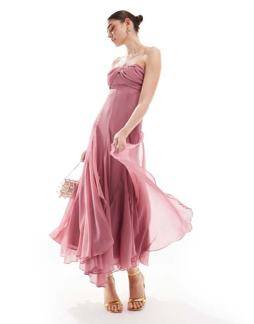 Vestido largo rosa negruzco con abertura en el bajo, diseño de capa superpuesta y escote palabra de honor de ASOS DESIGN