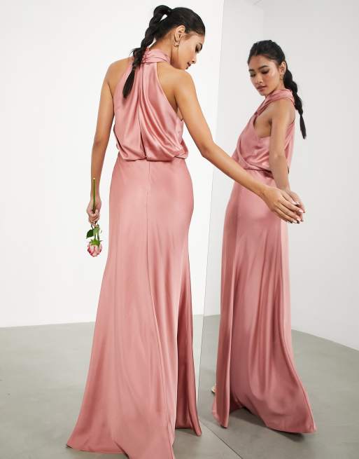 Vestido largo rosa negruzco con halter fruncido de satén de Edition | ASOS