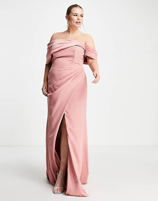 esfuerzo Cena no usado Vestido largo rosa negruzco cruzado con escote Bardot y detalle drapeado de  satén de ASOS Edition Curve | ASOS