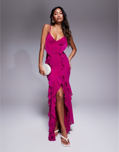 Vestido largo rosa oscuro de tirantes con abertura delantera y detalle de volantes exclusivo de Murci - view 1
