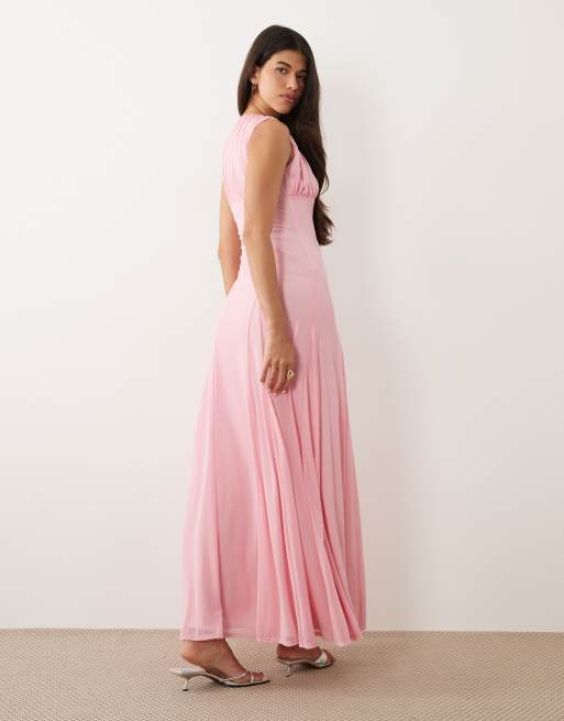 Vestido largo rosa pastel con detalle fruncido de malla de ASOS DESIGN, 4 de 4