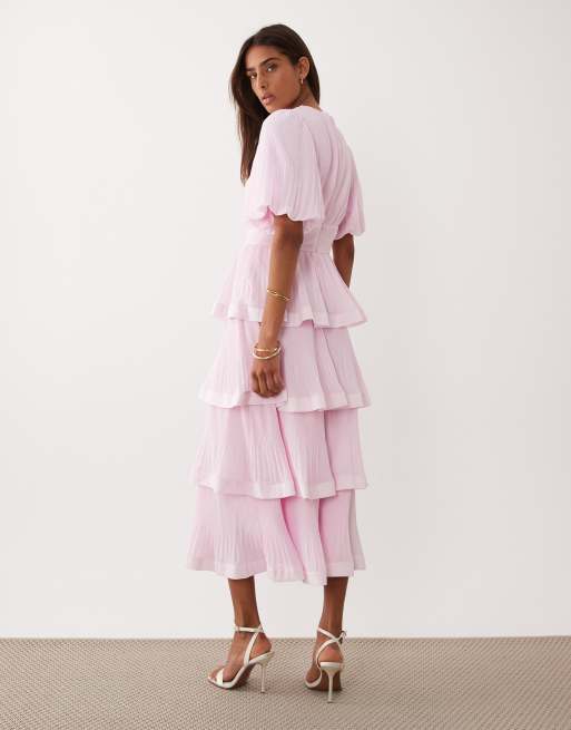 Vestido largo rosa pétalo plisado y escalonado de YAS, 4 de 4