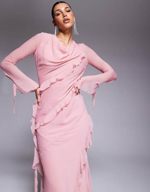 Vestido largo rosa rubor claro con volantes de chifón de Daska, 4 de 4