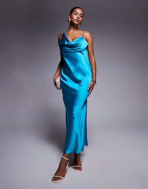 Vestido largo turquesa asimétrico con cuello desbocado de River Island - view 1