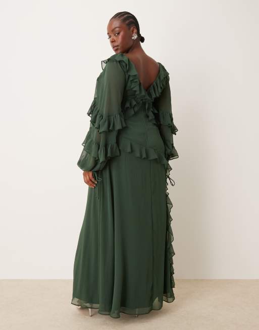 Vestido largo verde bosque asimétrico de manga larga con volantes