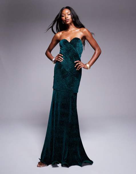 Vestido largo verde bosque con escote palabra de honor de terciopelo texturizado de ASOS DESIGN - view 1