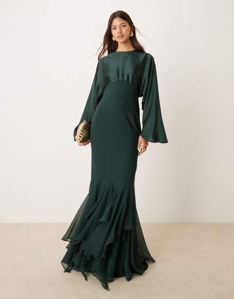 Vestido largo verde bosque con mangas tipo capa y godets de ASOS DESIGN - view 1