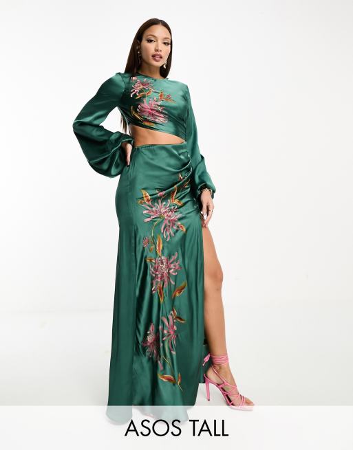 Vestido largo verde bosque de manga larga y corte al bies con abertura y bordados florales de ASOS DESIGN Tall