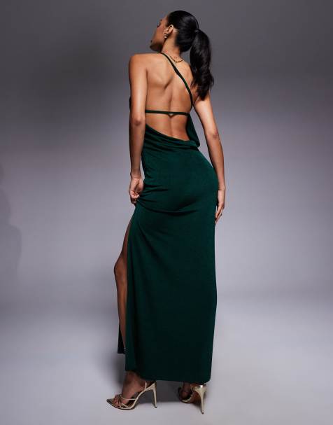 Vestido largo verde botella ceñido y asimétrico con abertura lateral de ASOS DESIGN - view 1