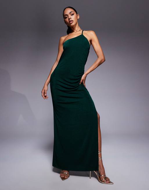 Vestido largo verde botella ceñido y asimétrico con abertura lateral de ASOS DESIGN, 2 de 4