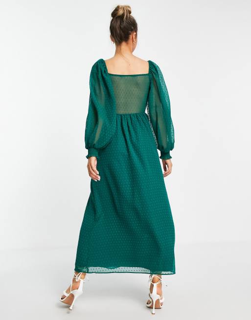 Vestido largo verde botella con dise o cruzado fruncido y volante en la cintura de plumeti de ASOS DESIGN