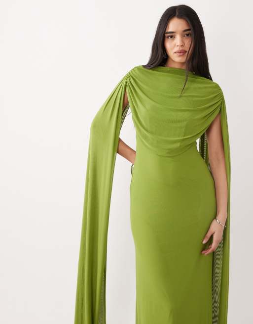 Vestido largo verde con capa drapeada de malla de ASOS DESIGN, 4 de 4