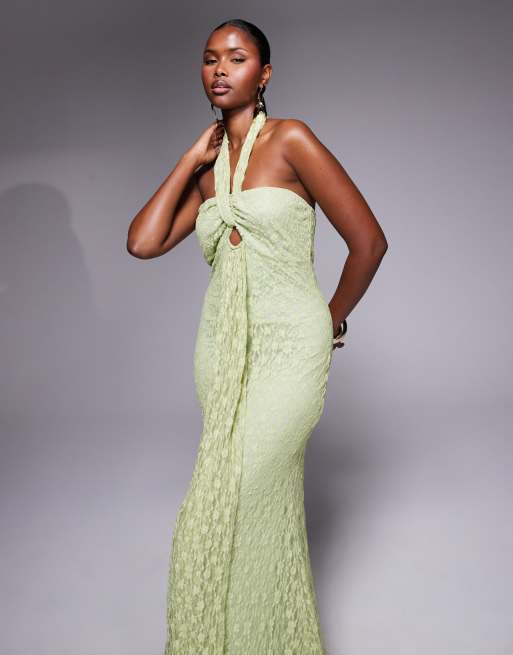 Vestido largo verde con cuello halter cruzado en la parte delantera de ASOS DESIGN, 3 de 4