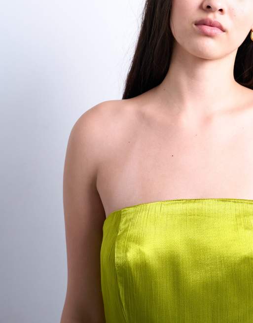 Vestido largo verde con escote palabra de honor de satén de Topshop, 4 de 4