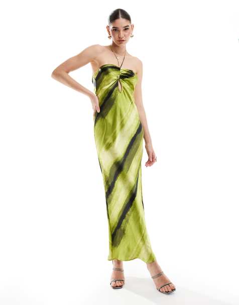 Vestido largo verde con estampado abstracto a rayas, cuello halter, abertura y pecho fruncido de satén de ASOS DESIGN - view 1