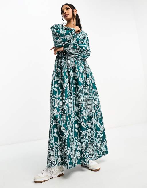 Vestido largo verde con estampado de cachemir y pecho fruncido de popelina de algodón de ASOS DESIGN, 2 de 4