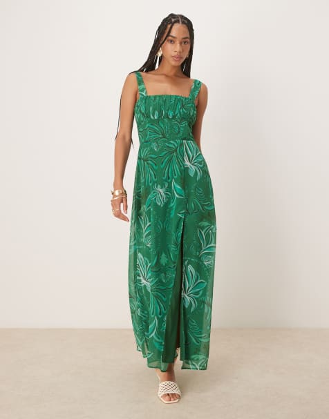 Vestido largo verde con estampado de palmeras y detalle estilo corsé de Hope & Ivy - view 1