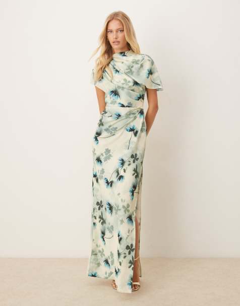 Vestido largo verde con estampado floral, cuello alto y cuerpo drapeado estilo capa de ASOS DESIGN - view 1