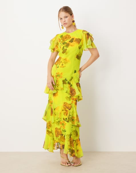 Vestido largo verde con estampado floral y volantes de chifón de ASOS DESIGN - view 1