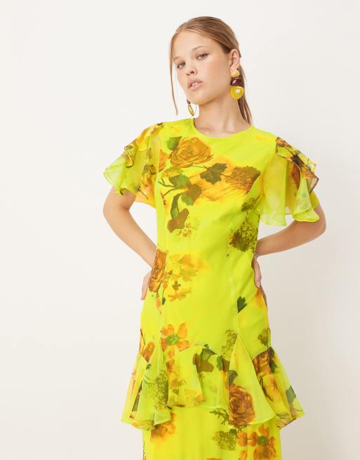 Vestido largo verde con estampado floral y volantes de chifón de ASOS DESIGN, 4 de 4