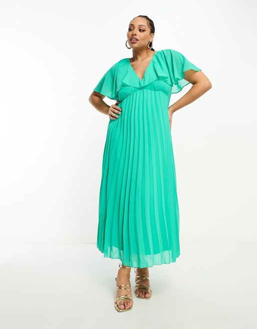 Vestido largo verde con mangas ángel tipo capa y bajo plisado de ASOS DESIGN Curve