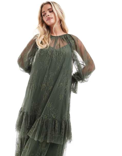 Vestido largo verde con volantes de encaje de ASOS DESIGN Petite - view 1