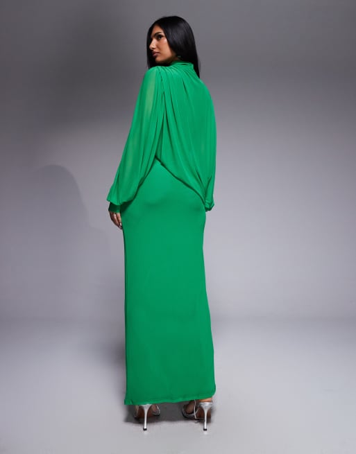 Vestido largo verde cruzado con cuello alto y mangas blusón drapeadas de malla Modest de ASOS DESIGN, 3 de 4