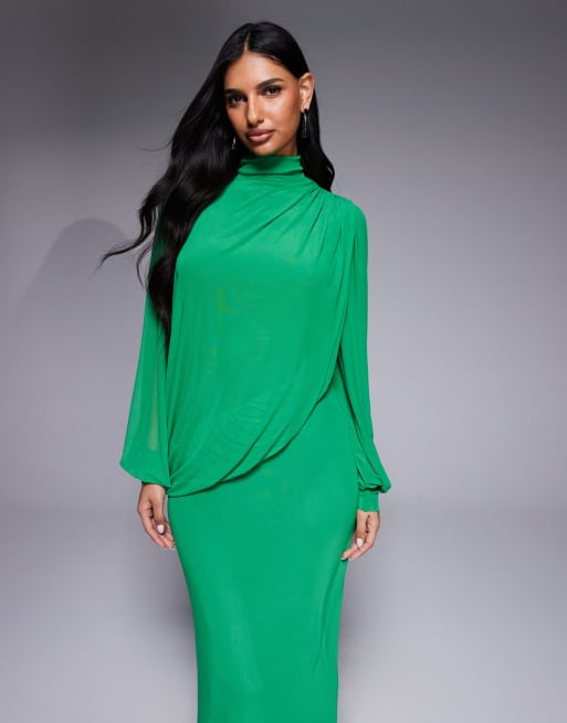 Vestido largo verde cruzado con cuello alto y mangas blusón drapeadas de malla Modest de ASOS DESIGN, 4 de 4