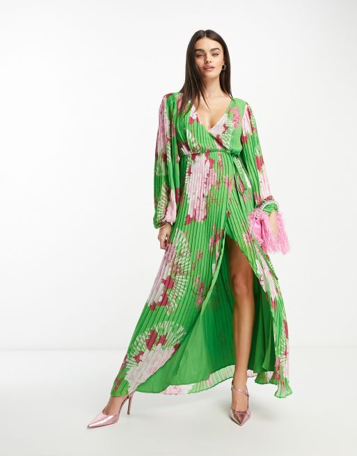 Vestido largo verde cruzado con mangas globo y estampado de grandes | ASOS