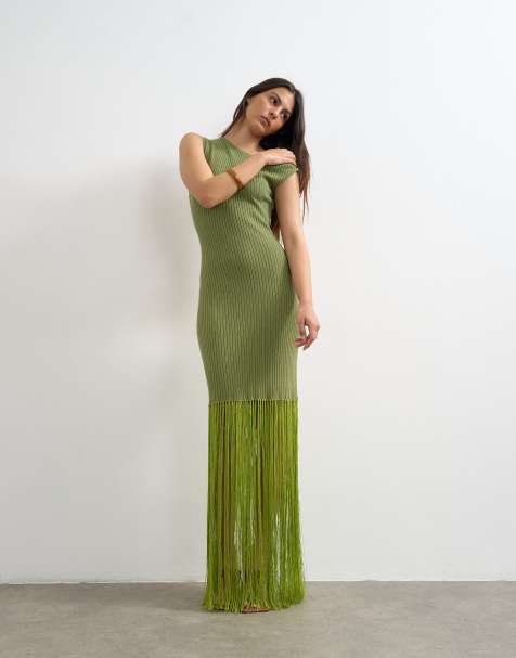 Vestido largo verde de canalé con flecos de Topshop - view 1