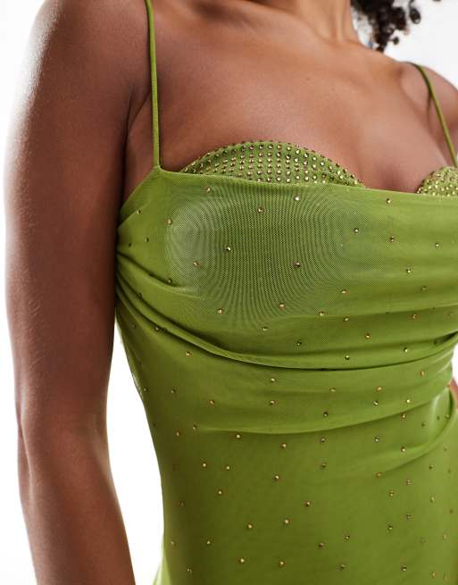 Vestido largo verde de malla traslúcida con strass y body con detalle de copas de ASOS DESIGN, 2 de 4