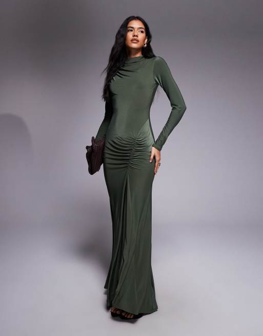 Vestido largo verde de manga larga con cuello barco y detalle de costura lateral de ASOS DESIGN