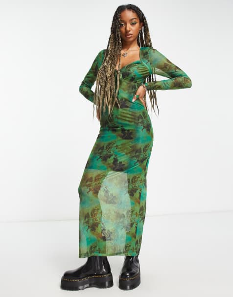 Vestido largo verde de manga larga con detalle de copas y diseño estampado de COLLUSION - view 1