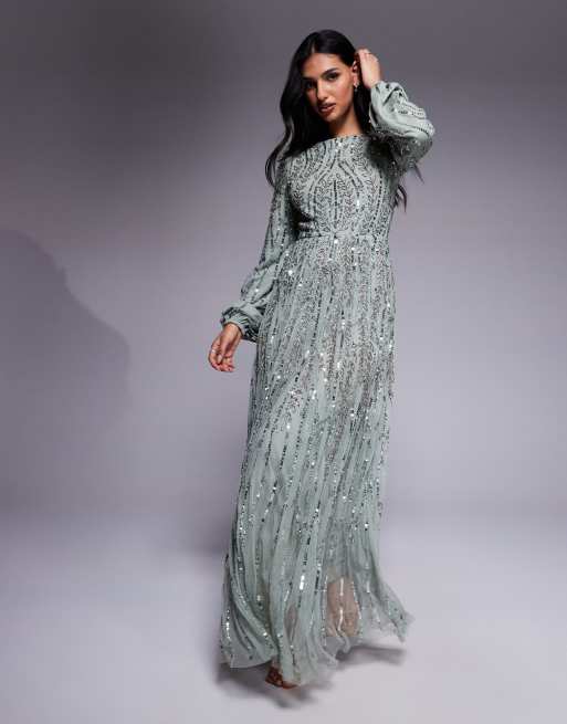 Vestido largo verde de manga larga con diseño con adornos Jana de Beauut, 4 de 4