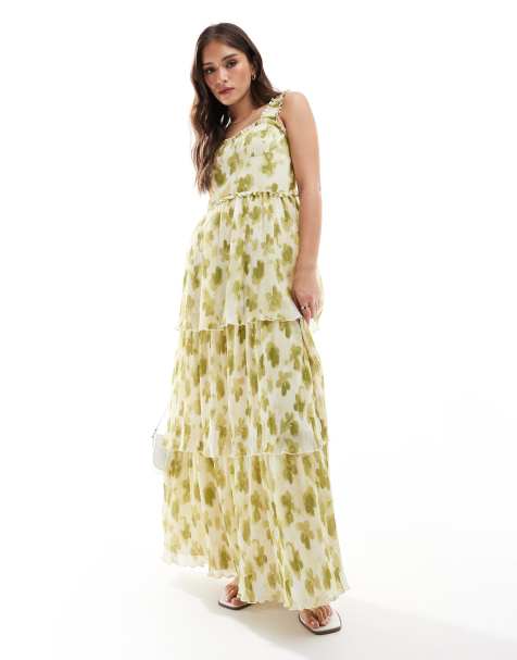 Vestido largo verde escalonado con estampado floral difuminado, pecho plisado y fruncido y tirantes gruesos de ASOS DESIGN - view 1
