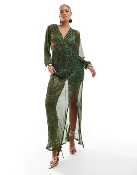 Vestido largo verde esmeralda brillante plisado de TFNC Tall - view 1