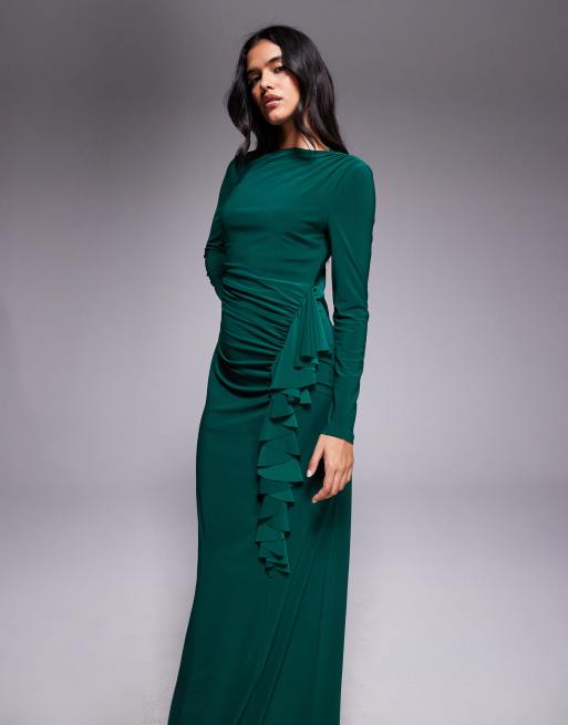Vestido largo verde esmeralda con cuello alto exclusivo de Daska, 3 de 4