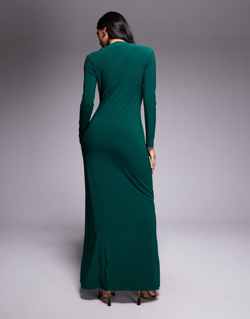 Vestido largo verde esmeralda con cuello alto exclusivo de Daska, 4 de 4