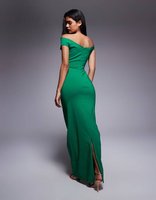 Vestido largo verde esmeralda con escote Bardot de bengalina de Vesper, 3 de 4