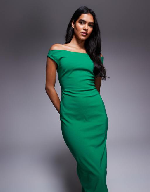Vestido largo verde esmeralda con escote Bardot de bengalina de Vesper, 4 de 4