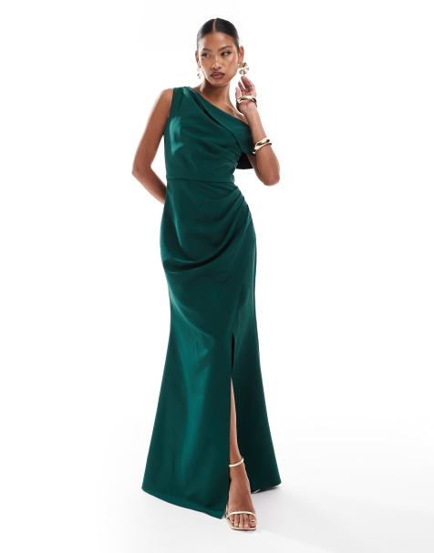 Vestido largo verde esmeralda con hombro caído y abertura de Jarol - view 1