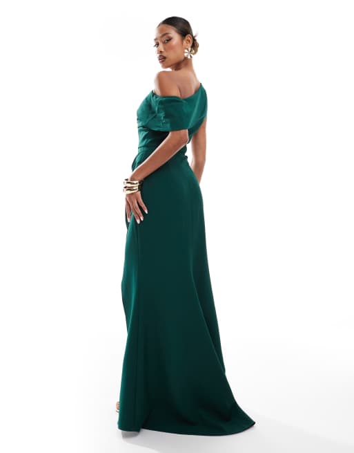 Vestido largo verde esmeralda con hombro caído y abertura de Jarol, 2 de 4