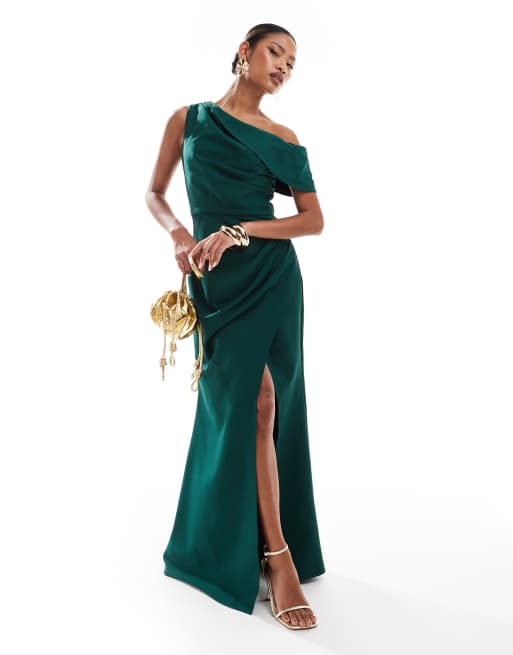 Vestido largo verde esmeralda con hombro caído y abertura de Jarol, 4 de 4