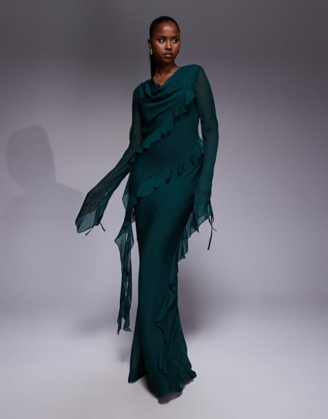 Vestido largo verde esmeralda con volantes de chifón de Daska - view 1