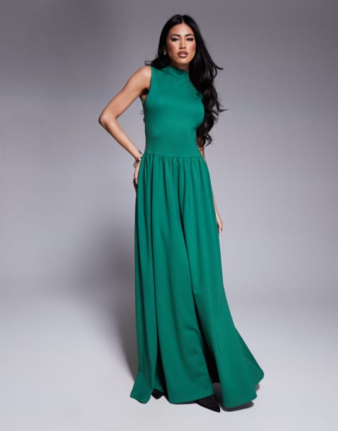 Vestido largo verde esmeralda sin mangas con cuello alto y falda fruncida exclusivo de Kaiia - view 1